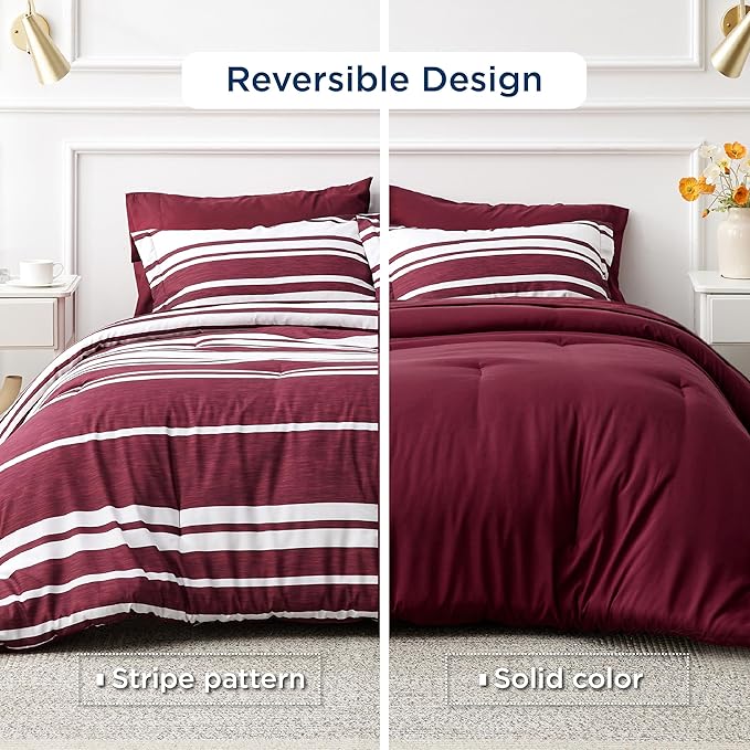 Bedsure Full Comforter Set 7 Pieces, Burgundy Striped Bedding Set for All Seasons, Reversible, Cationic Dyeing Bed in a Bag with Comforter, Sheets, Pillowcases & Shams