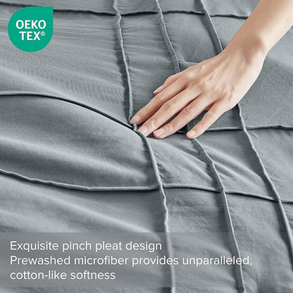 Comfort Spaces Blue/Grey Queen Size Comforter Set - 3 Pieces Pintuck Pleated Bedding Sets Queen, All Season Lightweight, Extra Softness Pre-Washed Microfiber Queen Bed Set, Shams, Full/Queen