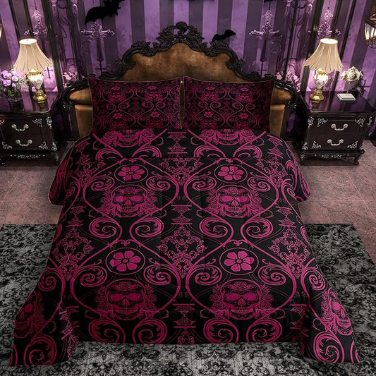 Feelyou Adults Pink Vintage Damask Floral Comforter Set Oriental Antique Comforter King Size Exotic Sugar Skull Rose Bedding Set Gothic Bohemia Boho Duvet Set Quilt Set 3Pcs