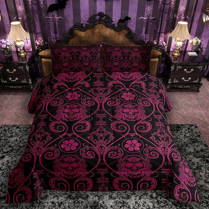 Feelyou Adults Pink Vintage Damask Floral Comforter Set Oriental Antique Comforter Twin Size Exotic Sugar Skull Rose Bedding Set Gothic Bohemia Boho Duvet Set Quilt Set 2Pcs