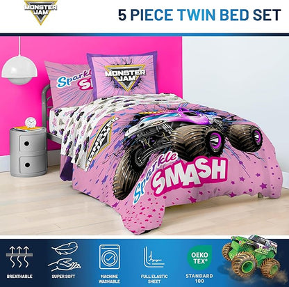 Jay Franco Kids Comforter Set Includes Sheets and Pillow Covers - Soft and Cozy Bed Set for Stylish Room Decor, Pink - Monster Jam, 5 Piece Twin Bedding
