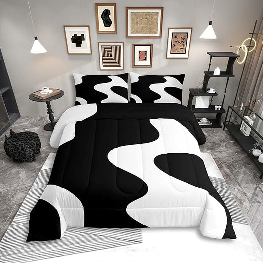 Erosebridal White and Black Abstract King Bedding Set Boho Geometric Striped Comforter Set for Adult Women Men Minimalist Modern Art Bed Collections Simple Aesthetic Modern Duvet Quilt Sets