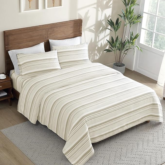 ClevaHome Classic Stripe Sheet Set - 4 Pieces Super Soft & Breathable Bed Sheet Set with Deep Pocket, Enhanced Comfort & Easy Care (Queen, Desert Stripe)
