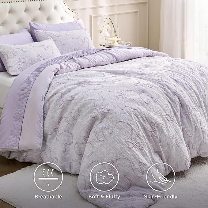Bedsure Lavender Comforter Set Queen, GentleSoft™ 3 Pieces Breathable Bow Comforter Set Women Girls with 2 Pillow Shams, Cute Queen Bedding Sets Room Decor Aesthetic Bedroom Decor, 90x90 Inches