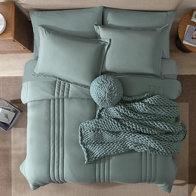 Monbix Super King Size Comforter Set - 7 Pieces Sage Green Bed in a Bag Super King Bedding Sets with Comforters, All Seasons Comforter Bed Set with Sheets,Pillowcases & Shams