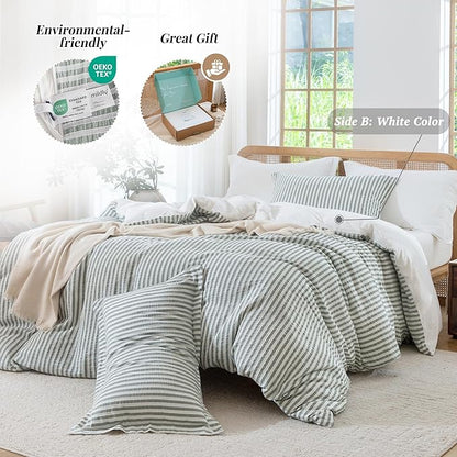 MILDLY Jacquard Stripe Duvet Cover - 100% Washed Cotton Sage Green Textured Spring Comforter Cover 3pcs with Zipper Closure 104"x90"