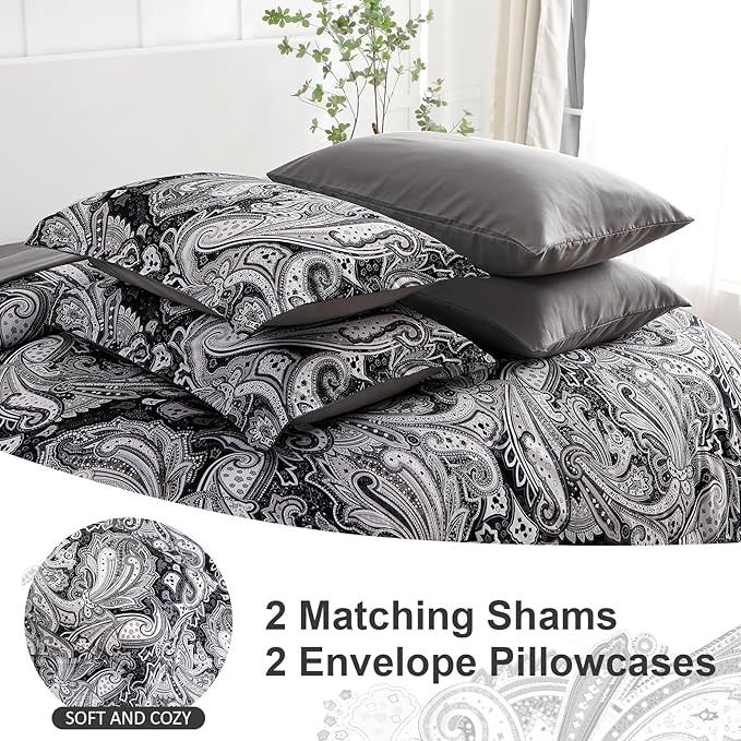 Black Paisley Comforter Set California King Size, 7 Piece Bed in a Bag Black Gray Boho Paisley Pattern Comforter Set, Soft Lightweight Microfiber Reversible Bedding Set for All Season (106''x96'')