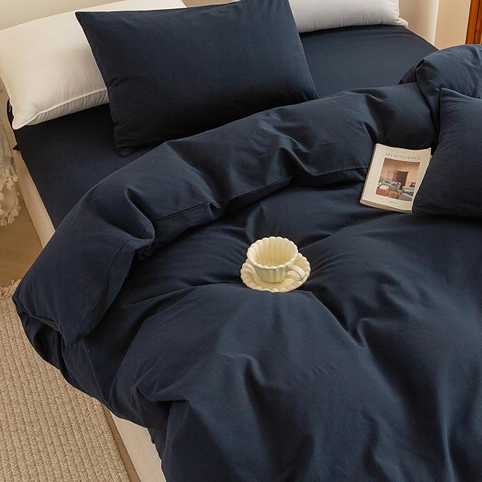 ECOCOTT Navy Blue Duvet Cover Twin Size - 100% Washed Cotton Durable Soft Comfy Duvet Cover Set, 3 Pieces Duvet Cover with Zipper Closure (Navy Blue, 68''x90'')