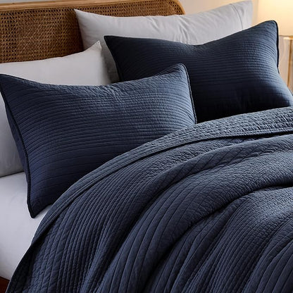palassio Striped Navy Blue 100% Cotton Quilt Twin Size Bedding Sets, Lightweight Crinkly Channel Pick Stitch Textured Bedspread Soft Shabby Chic Farmhouse Country Coverlet for All Season, 1 Sham