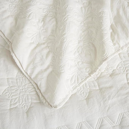 Boho Ivory Quilt Twin Size Bedding Sets with Pillow Sham, Bohemian Lightweight Soft Bedspread Coverlet, Cream Farmhouse Floral Vintage Thin Comforter Bed Cover for All Season, 2 Pieces, 68x90 inches