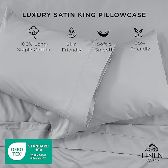Linen Home 500 Thread Count King Pillowcase Set | 100% Long-Staple Cotton Pillow Cases | Soft & Smooth Luxury Satin Set of 2 Pillowcases | 4 Inch Z Hem | Silver