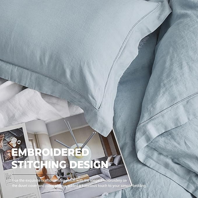 Simple&Opulence 100% Washed Linen Duvet Cover Set with Embroidered,3 Pieces Soft Farmhouse Comforter Set with Button Closure,1 Duvet Cover and 2 Pillowshams(King,Dusty Blue)