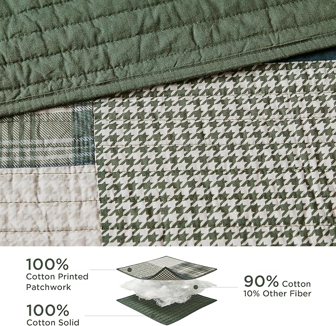 Woolrich Mill Creek Reversible Quilt Set - Cottage Styling Reversed to Solid Color, All Season Lightweight Coverlet, Cozy Bedding Layer, Matching Shams, Oversized Full/Queen, Plaid Green 3 Piece
