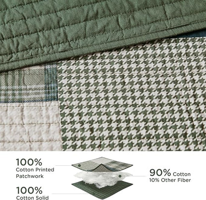 Woolrich Mill Creek Reversible Quilt Set - Cottage Styling Reversed to Solid Color, All Season Lightweight Coverlet, Cozy Bedding Layer, Matching Shams, Oversized Full/Queen, Plaid Green 3 Piece