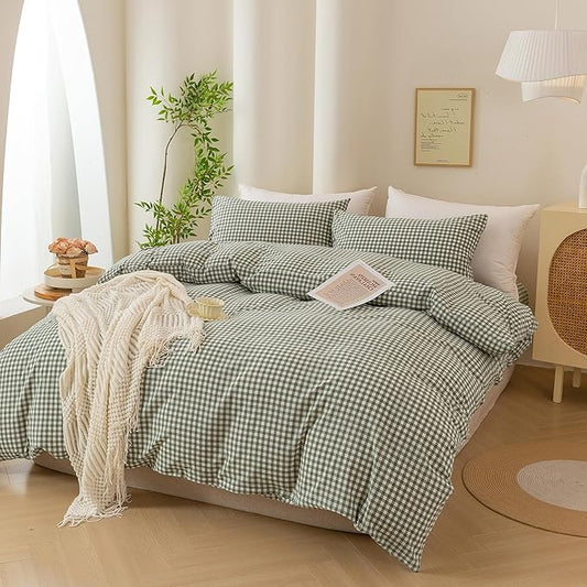 ECOCOTT Green Gingham Duvet Cover Queen Size 100% Washed Cotton Like Linen Feel Super Soft & Comfy Bedding Set Modern Checkered Design for All Seasons