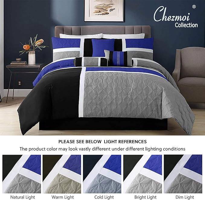 Chezmoi Collection Upland 7-Piece Quilted Patchwork Comforter Set, Blue/Black/Gray, Full
