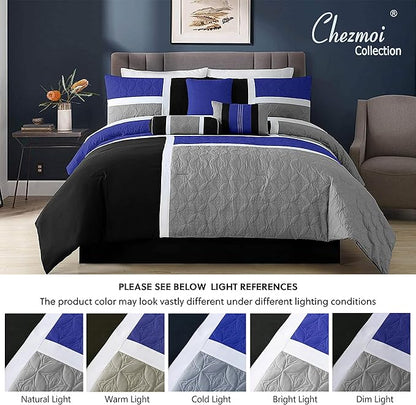 Chezmoi Collection Upland 7-Piece Quilted Patchwork Comforter Set, Blue/Black/Gray, Full