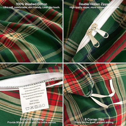 ECOCOTT Buffalo Plaid Duvet Cover King Size– 3 Piece Green Checkered Bedding Set, 100% Washed Cotton, Soft Breathable Reversible Design with Zipper Closure & Corner Ties