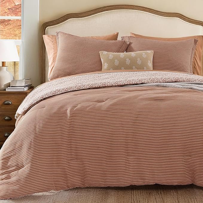 Full Comforter Set - 7 Pieces Autumn Leaf Gauze Muslin Bedding Sets for All Seasons, Lightweight Breathable Bed in a Bag Full with Revesible Farmhouse Comforter, Sheets, Pillowcases & Shams