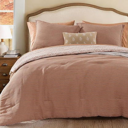Queen Comforter Set - 7 Pieces Autumn Leaf Gauze Muslin Bedding Sets for All Seasons, Lightweight Breathable Bed in a Bag Queen with Revesible Farmhouse Comforter, Sheets, Pillowcases & Shams