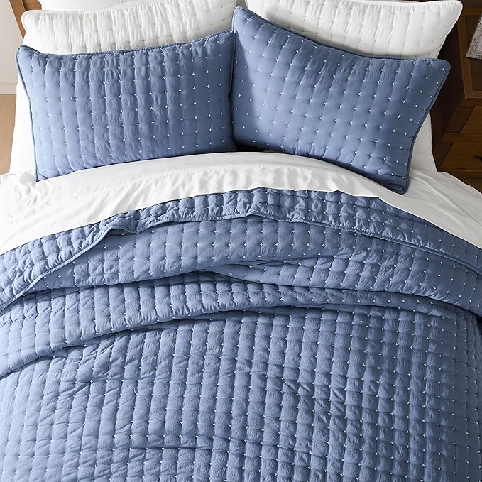 WDCOZY Blue Queen Size Quilt Bedding Sets with Pillow Shams, Lightweight Soft Bedspread Coverlet, Quilted Blanket Thin Comforter Bed Cover, All Season Summer Spring, 3 Pieces, 90x90 inches