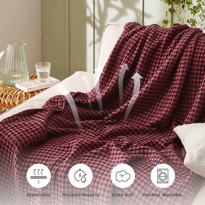 Bedsure Cooling Cotton Waffle Twin XL Blanket - Lightweight Breathable Blanket of Rayon Derived from Bamboo for Hot Sleepers, Luxury Throws for Bed, Couch and Sofa, Dark Red, 66x90 Inches
