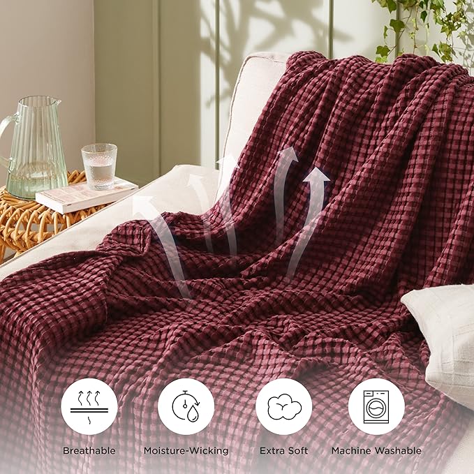Bedsure Cooling Cotton Waffle Weave Blanket - Lightweight Breathable Blanket of Rayon Derived from Bamboo for Hot Sleepers, Luxury Throws for Bed, Couch and Sofa, Dark Red, 50x70 Inches