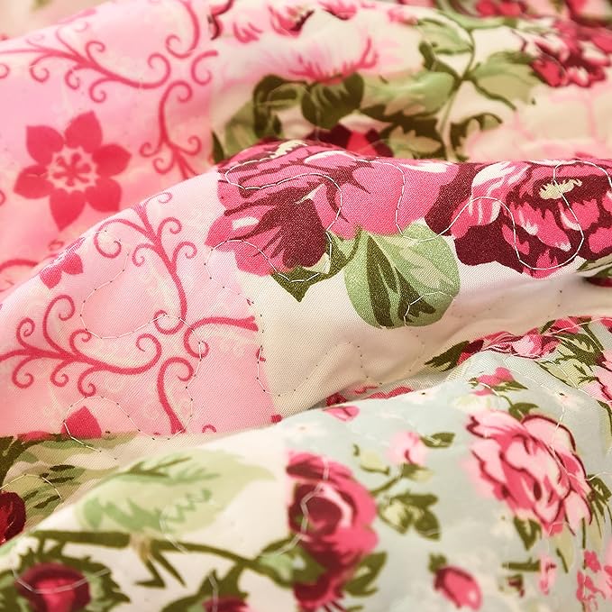 Cmfshape Summer Floral Queen Quilted Bedspread,Romantic Pink Quilt Set Bedding,Reversible Stitched Bedding Set All Season,Soft Lightweight Coverlet with Pillow Cases (Pink&Green, Queen90 x90)