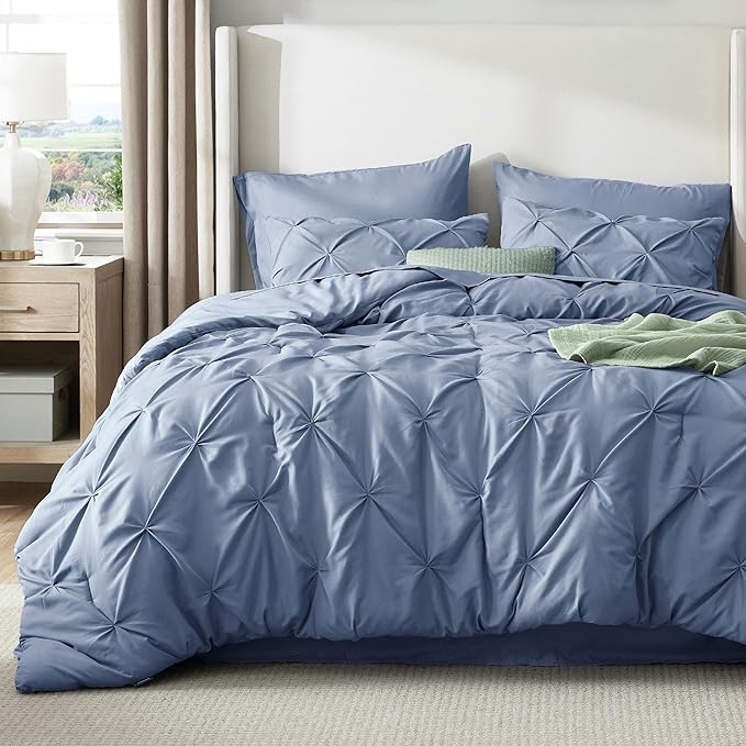 Bedsure Twin Comforter Set Slate Blue - Bed in a Bag Twin Size Bedding 5 Pieces, GentleSoft™ Pintuck Bed Set Gift for Family, Pinch Pleat Slate Blue Comforter with Sheets, Pillowcase & Sham