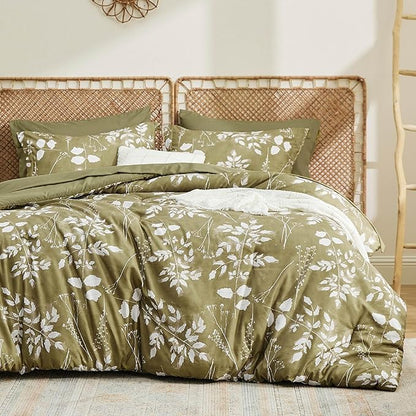 Bedsure Full Size Comforter Set - 7 Pieces Floral Olive Green Soft Bedding Sets, Full Bed in a Bag with Botanical Flowers Comforter, Sheets, Pillowcases & Shams