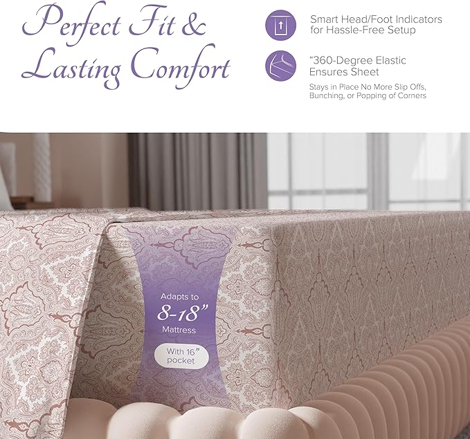 Carressa Linen 100% Egyptian Cotton Queen Size Sheet Set - Printed 600 Thread Count Egyptian Cotton Sheets Queen Size (Paisley Blush Print), Soft, Cooling, Sateen 16" Deep Pocket Luxury Hotel Sheets
