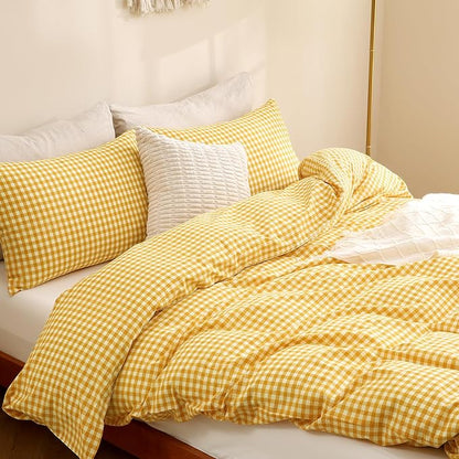 TOCOMOA Yellow Gingham Duvet Cover Bedding Set 100% Washed Cotton Like Linen Feel Super Soft Comfortable 3 Piece Vintage Plaid Checkered Comforter Cover Set (King 104"x90", Comforter Not Included)