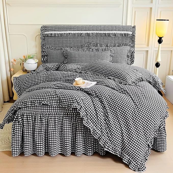 mixinni Vintage Black Gingham Ruffle Comforter Set 3-Piece Washed Cotton Queen Size Grid Bedding Set with Geometric Checkered Pattern, Farmhouse Chic Soft Fluffy Comforter for All-Season