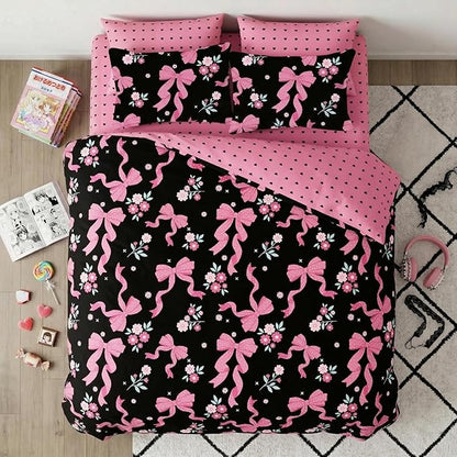 Black Pink Bow Comforter Set King Size, 3 Pcs Pink Ribbon Bowknot Reversible Comforter Love Heart Soft Microfiber Bedding Set with 2 Pillowcases, 104"x90"