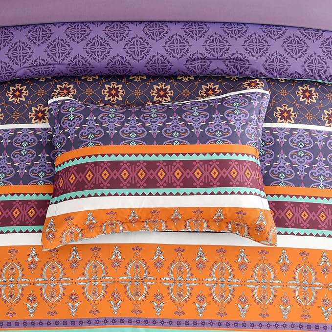 WONGS BEDDING Boho Comforter Set King Size,7 Pieces Bohemian Striped Bedding Comforter Set Bed in a Bag,Purple Paisley Floral Comfortet and Sheet Set,Soft Microfiber Bedding Sets for All Season