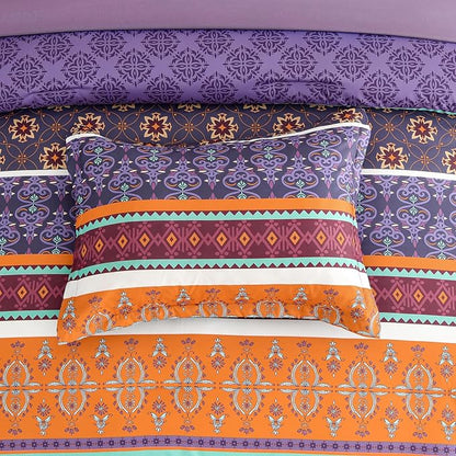 WONGS BEDDING Boho Comforter Set King Size,7 Pieces Bohemian Striped Bedding Comforter Set Bed in a Bag,Purple Paisley Floral Comfortet and Sheet Set,Soft Microfiber Bedding Sets for All Season