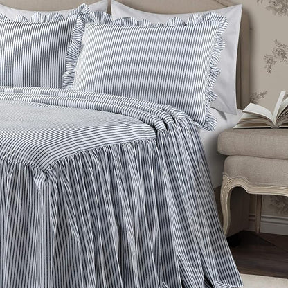 Lush Decor Ticking Stripe Bedspread King Size 3 Piece Set Navy - Ruffle Bedding Set King Bedspreads - Striped Bedding - Farmhouse & Coquette Decor