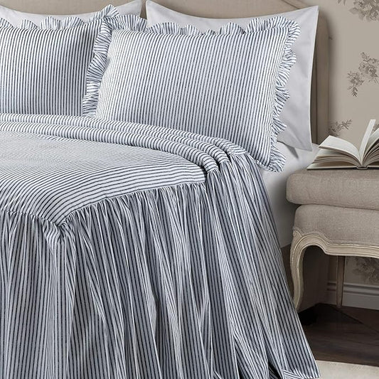 Lush Decor Ticking Stripe Bedspread Queen Size 3 Piece Set Navy - Ruffle Bedding Set Queen Bedspreads - Striped Bedding - Farmhouse & Coquette Decor