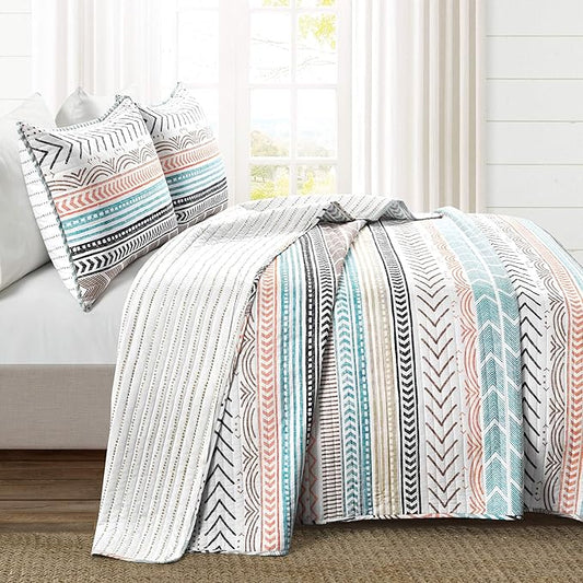 Lush Decor Hygge Geo Pattern Striped 3 Piece Quilt Bedding Set, Full/Queen, Neutral & Multicolored