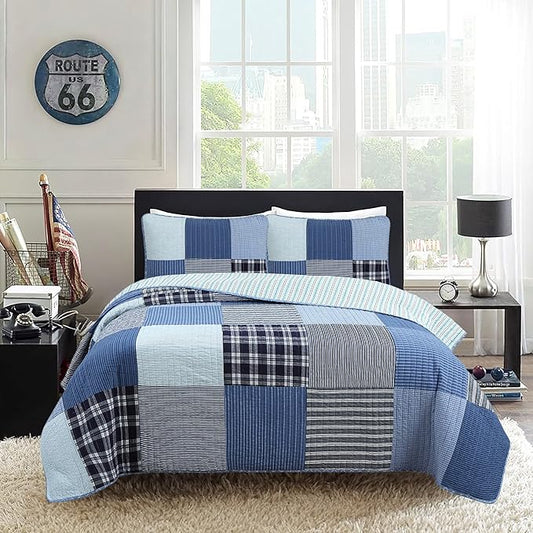 Cozy Line Home Fashions Plaid Patchwork Bedding Quilt Set, Navy Blue 100% Cotton Reversible Coverlet Bedspread for Kids Teen Boy (Craver, Twin - 2 Piece)