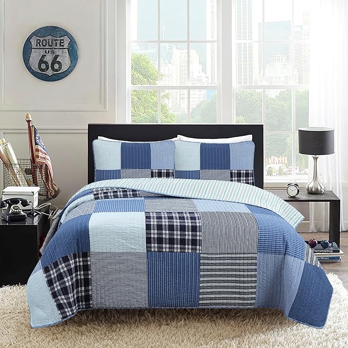 Cozy Line Home Fashions Plaid Patchwork Bedding Quilt Set, Navy Blue 100% Cotton Reversible Coverlet Bedspread for Kids Teen Boy (Craver, Queen - 3 Piece)