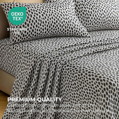 Satin Sheets California King [4-Piece, Silver Leopard] Silky Bed Sheets - Extra Soft 1800 Microfiber Sheet Set, Wrinkle, Fade, Stain Resistant - Deep Pocket Fitted Sheet, Flat Sheet, Pillow Cases
