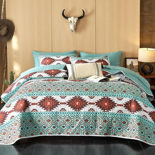 Wake In Cloud - Western Quilt Set, Southwestern Aztec Country Style with Rustic Ranch Vibe, Reversible Lightweight Bedspread Coverlet, 3 Pieces, Turquoise Brown, King Size