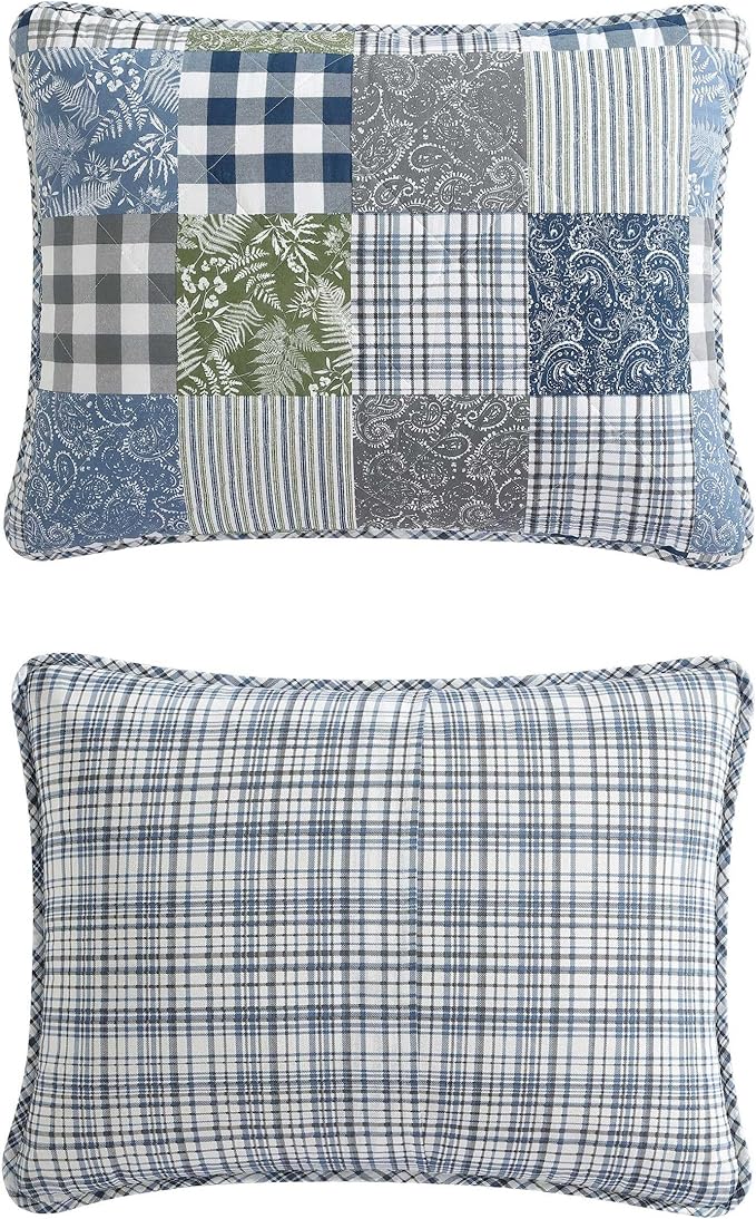 Eddie Bauer - Twin Quilt Set, Reversible Cotton Bedding with Matching Sham, Patchwork Luxurious Bedding Set with Plaid Reverse (Cozy Plaid Patchwork Blue/Green, Twin)
