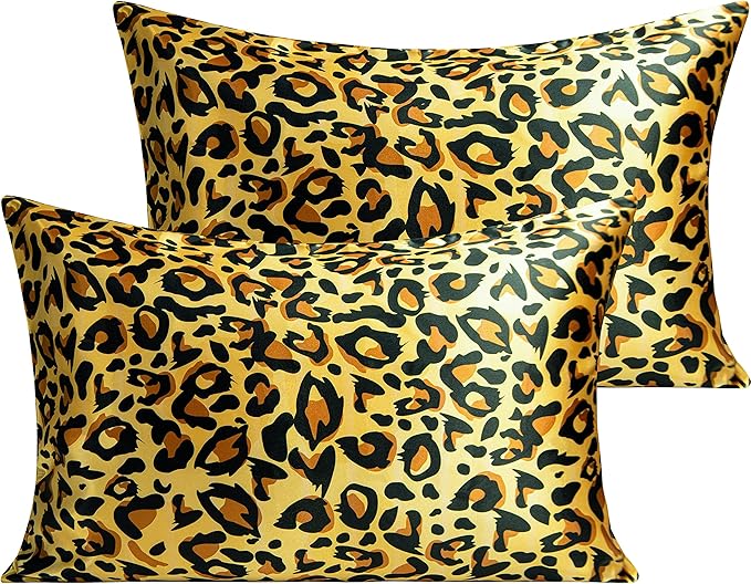 NTBAY 2 Pack Satin Queen Pillowcases for Hair and Skin, Luxurious and Silky Leopard Printed Pillow Cases with Envelope Closure, 20x30 Inches, Yellow and Black