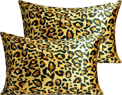 NTBAY 2 Pack Satin Queen Pillowcases for Hair and Skin, Luxurious and Silky Leopard Printed Pillow Cases with Envelope Closure, 20x30 Inches, Yellow and Black