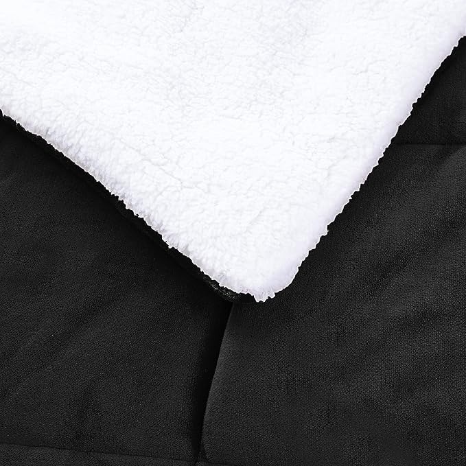 Amazon Basics 3-Piece Micromink Sherpa Down Alternative Comforter Bedding Set, Ultra-Soft, Warm All Season, Machine Washable, King, Black, Solid