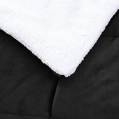 Amazon Basics 3-Piece Micromink Sherpa Down Alternative Comforter Bedding Set, Ultra-Soft, Warm All Season, Machine Washable, King, Black, Solid