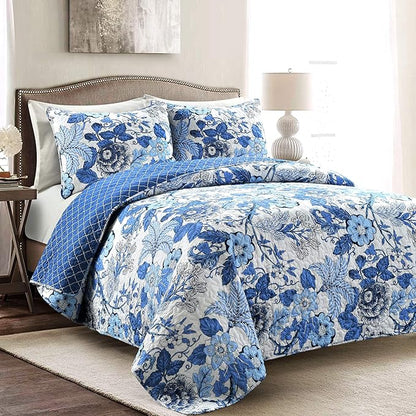 Lush Decor Sydney Reversible Cotton Quilt Set, 3 Piece Set, Full/Queen, Navy & White - Cotton Bedding Set - Navy Floral Quilt - Cottage Decor - Bedding Queen Size