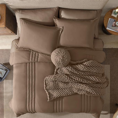 Monbix Super King Plus Size Comforter Set - 7 Pieces Raw Umber Bed in a Bag Super King Plus Bedding Sets with Comforters, All Seasons Comforter Bed Set with Sheets,Pillowcases & Shams